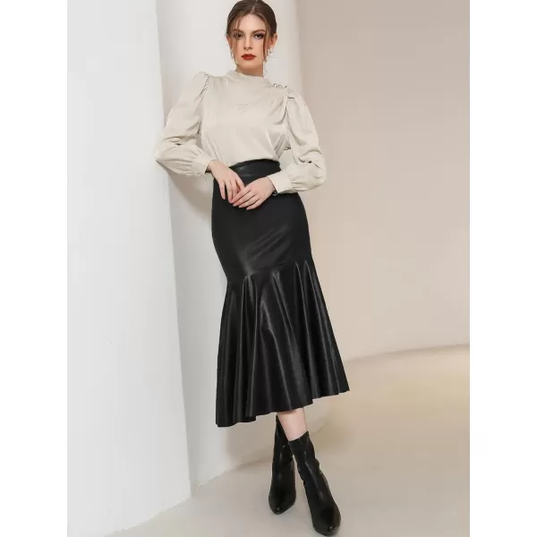 WDIRARA Women's High Waist PU Leather Mermaid Ruffle Hem Bodycon Elegant Pencil Skirt