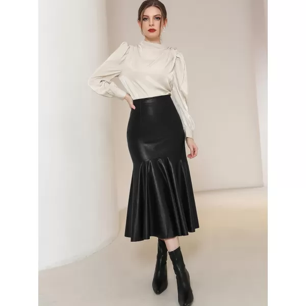 WDIRARA Women's High Waist PU Leather Mermaid Ruffle Hem Bodycon Elegant Pencil Skirt
