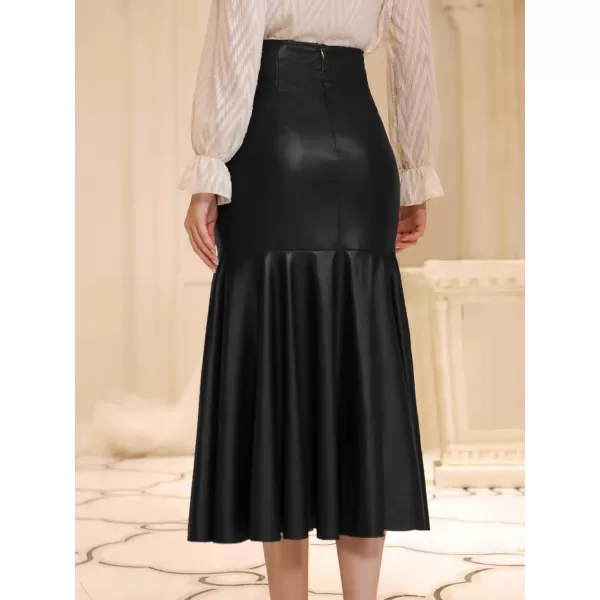WDIRARA Women's High Waist PU Leather Mermaid Ruffle Hem Bodycon Elegant Pencil Skirt