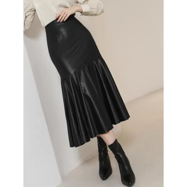 WDIRARA Women's High Waist PU Leather Mermaid Ruffle Hem Bodycon Elegant Pencil Skirt