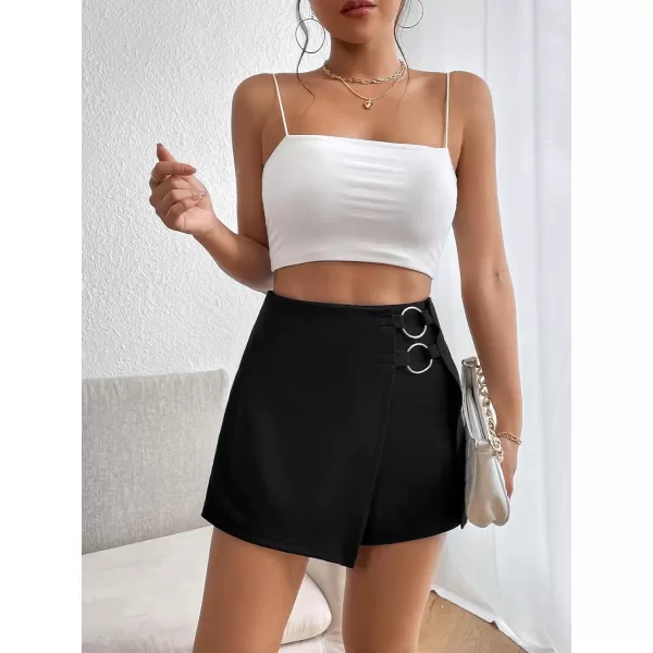 WDIRARA Women's High Waist Ring Wrap Asymmetrical Hem Skort Casual Shorts