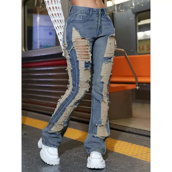 WDIRARA Women's High Waist Ripped Frayed Button Jeans Casual Denim Pants