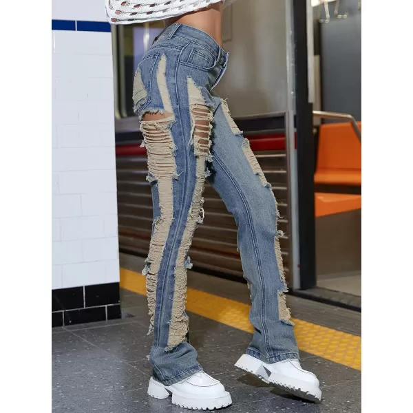 WDIRARA Women's High Waist Ripped Frayed Button Jeans Casual Denim Pants