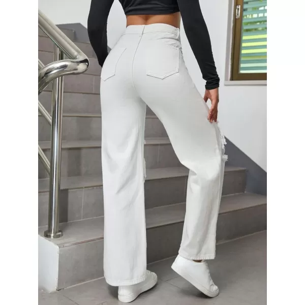 WDIRARA Women's High Waist Ripped Frayed Button Jeans Casual Denim Pants