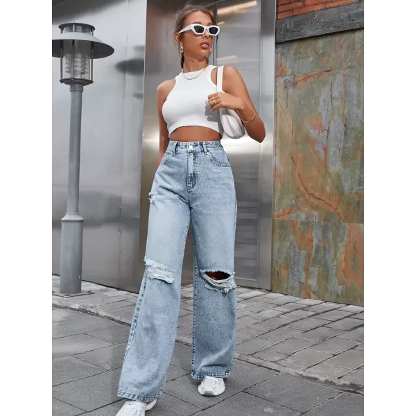 WDIRARA Women's High Waist Ripped Frayed Button Jeans Casual Denim Pants