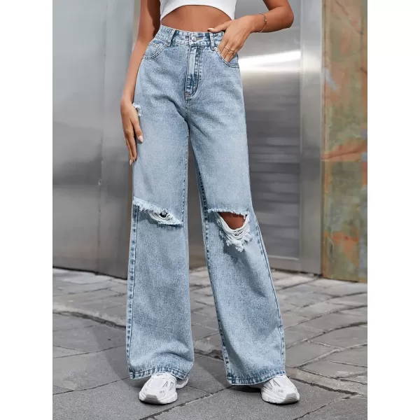 WDIRARA Women's High Waist Ripped Frayed Button Jeans Casual Denim Pants