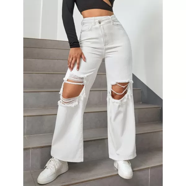 WDIRARA Women's High Waist Ripped Frayed Button Jeans Casual Denim Pants