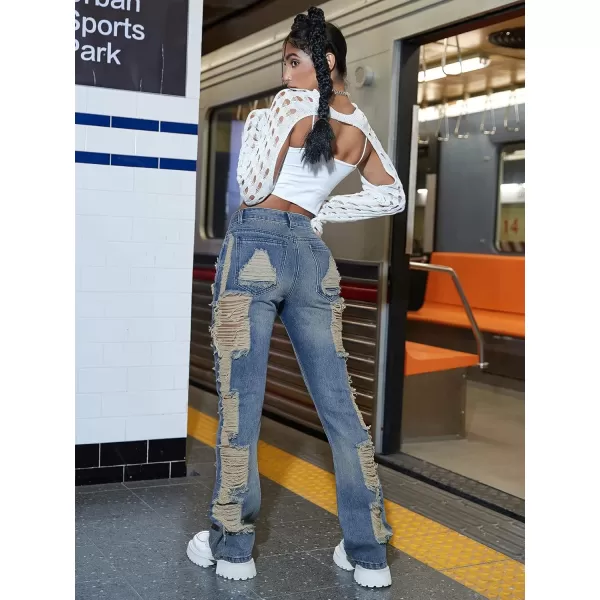 WDIRARA Women's High Waist Ripped Frayed Button Jeans Casual Denim Pants