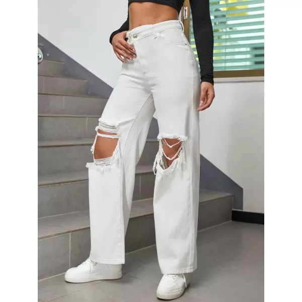 WDIRARA Women's High Waist Ripped Frayed Button Jeans Casual Denim Pants