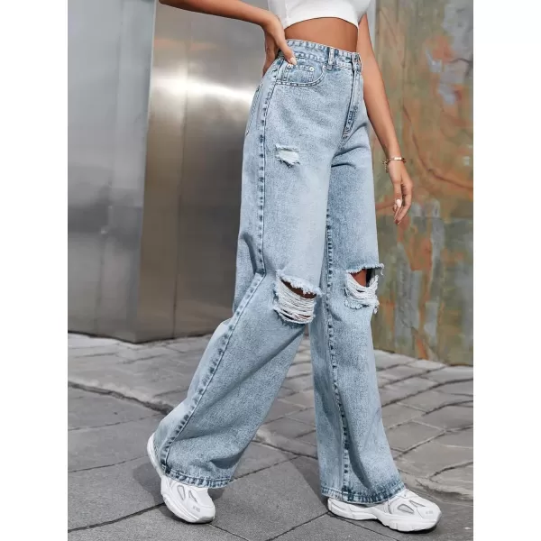 WDIRARA Women's High Waist Ripped Frayed Button Jeans Casual Denim Pants