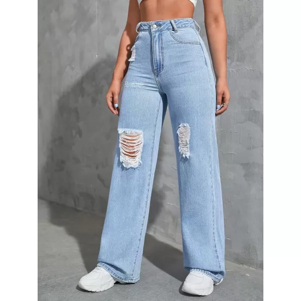 WDIRARA Women's High Waist Ripped Wide Leg Baggy Jeans Distressed Denim Pants