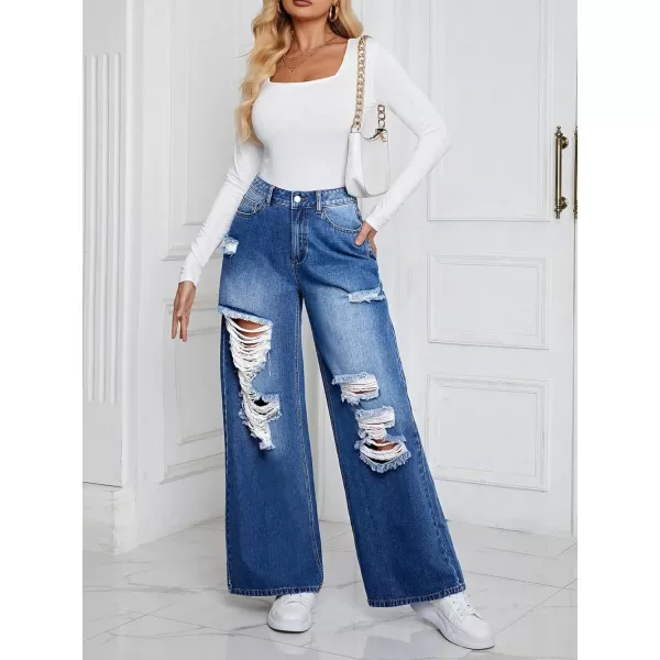 WDIRARA Women's High Waist Ripped Wide Leg Baggy Jeans Distressed Denim Pants