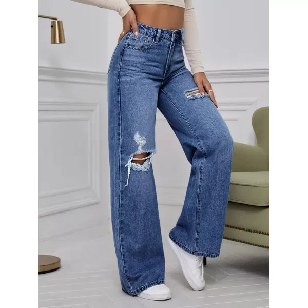 WDIRARA Women's High Waist Ripped Wide Leg Baggy Jeans Distressed Denim Pants
