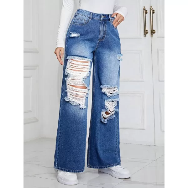 WDIRARA Women's High Waist Ripped Wide Leg Baggy Jeans Distressed Denim Pants