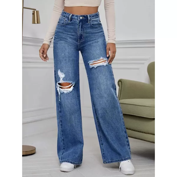 WDIRARA Women's High Waist Ripped Wide Leg Baggy Jeans Distressed Denim Pants