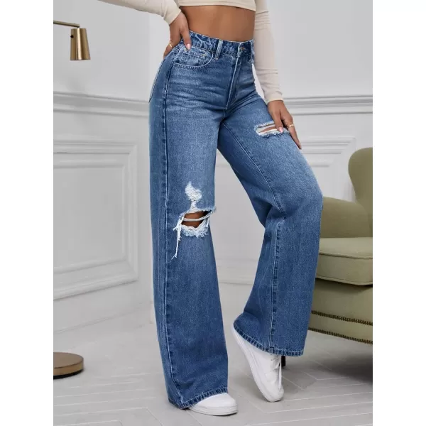 WDIRARA Women's High Waist Ripped Wide Leg Baggy Jeans Distressed Denim Pants