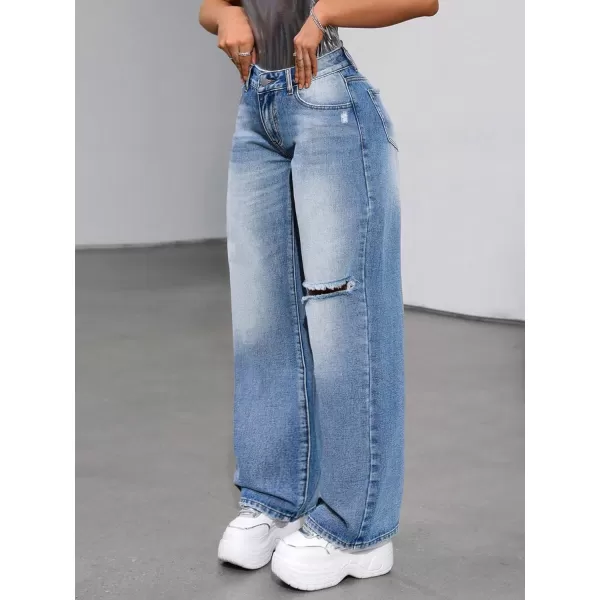 WDIRARA Women's High Waist Ripped Wide Leg Baggy Jeans Distressed Denim Pants