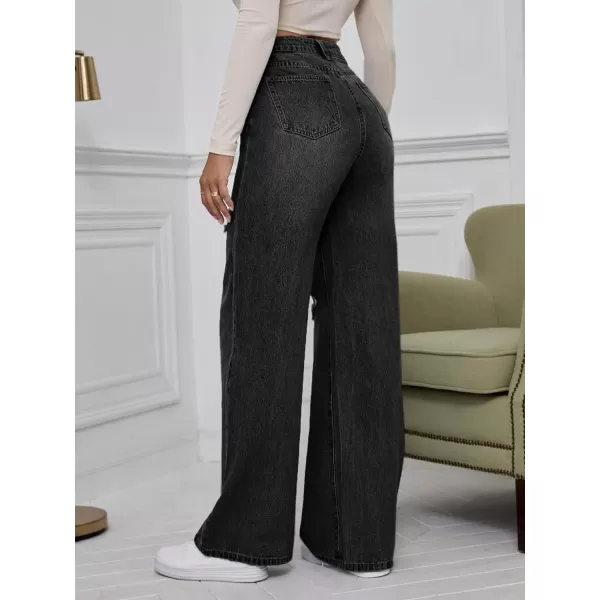 WDIRARA Women's High Waist Ripped Wide Leg Baggy Jeans Distressed Denim Pants
