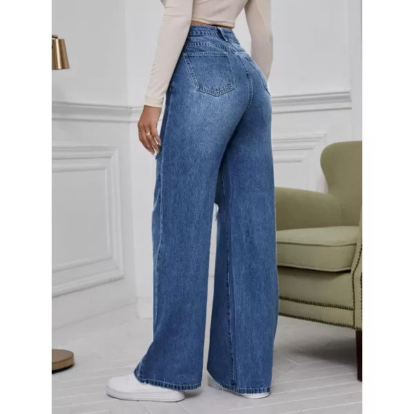 WDIRARA Women's High Waist Ripped Wide Leg Baggy Jeans Distressed Denim Pants