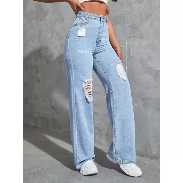 WDIRARA Women's High Waist Ripped Wide Leg Baggy Jeans Distressed Denim Pants
