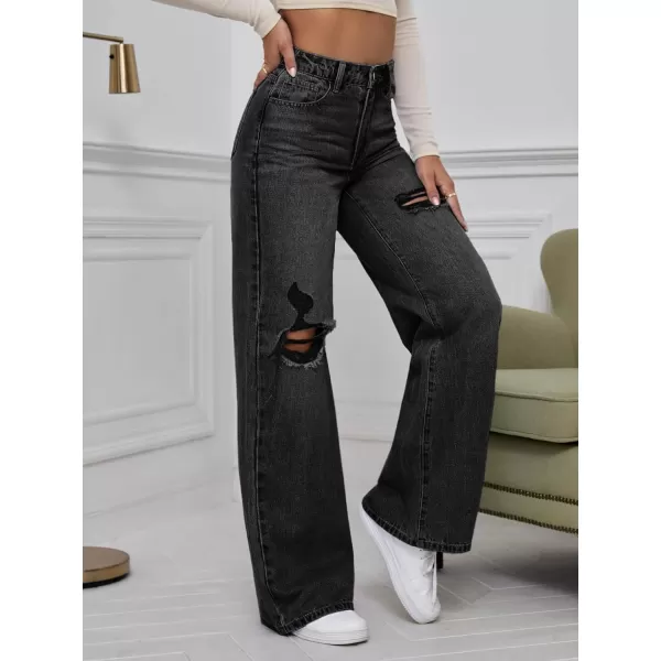 WDIRARA Women's High Waist Ripped Wide Leg Baggy Jeans Distressed Denim Pants
