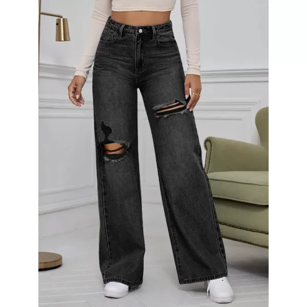 WDIRARA Women's High Waist Ripped Wide Leg Baggy Jeans Distressed Denim Pants