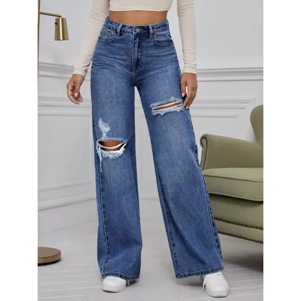 WDIRARA Women's High Waist Ripped Wide Leg Baggy Jeans Distressed Denim Pants