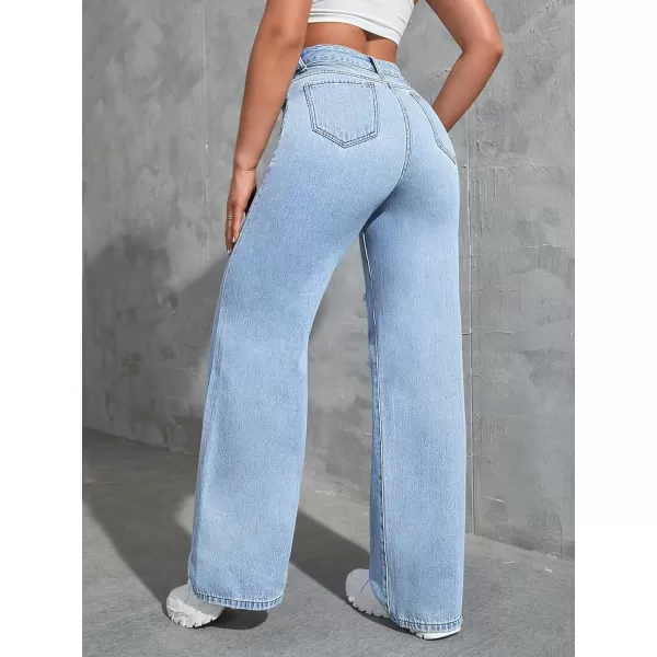 WDIRARA Women's High Waist Ripped Wide Leg Baggy Jeans Distressed Denim Pants