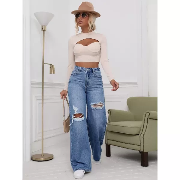 WDIRARA Women's High Waist Ripped Wide Leg Baggy Jeans Distressed Denim Pants