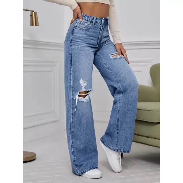 WDIRARA Women's High Waist Ripped Wide Leg Baggy Jeans Distressed Denim Pants