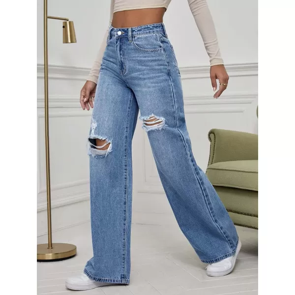 WDIRARA Women's High Waist Ripped Wide Leg Baggy Jeans Distressed Denim Pants