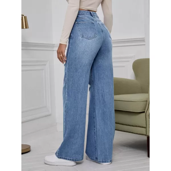WDIRARA Women's High Waist Ripped Wide Leg Baggy Jeans Distressed Denim Pants