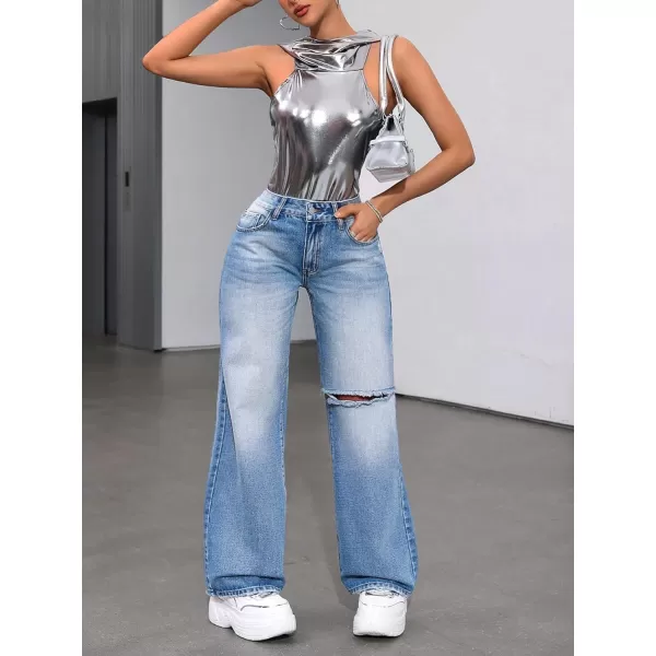 WDIRARA Women's High Waist Ripped Wide Leg Baggy Jeans Distressed Denim Pants