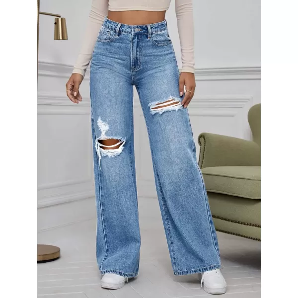 WDIRARA Women's High Waist Ripped Wide Leg Baggy Jeans Distressed Denim Pants