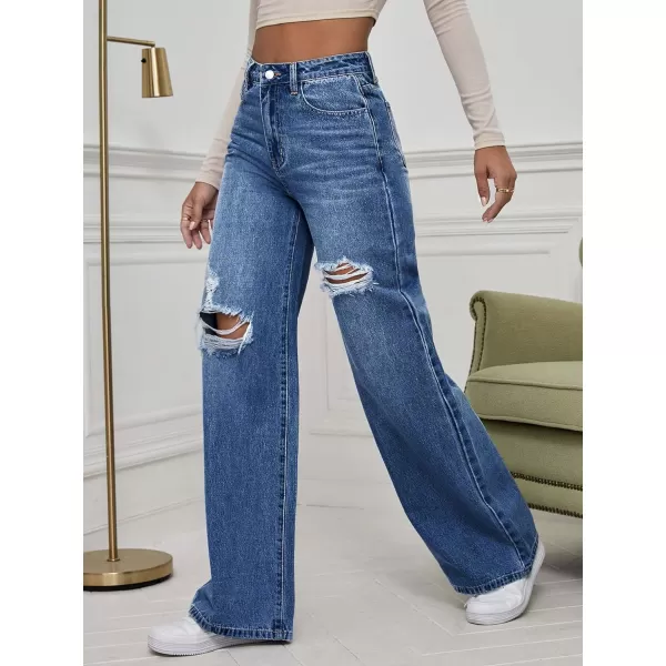 WDIRARA Women's High Waist Ripped Wide Leg Baggy Jeans Distressed Denim Pants