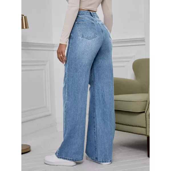 WDIRARA Women's High Waist Ripped Wide Leg Baggy Jeans Distressed Denim Pants