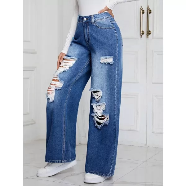 WDIRARA Women's High Waist Ripped Wide Leg Baggy Jeans Distressed Denim Pants