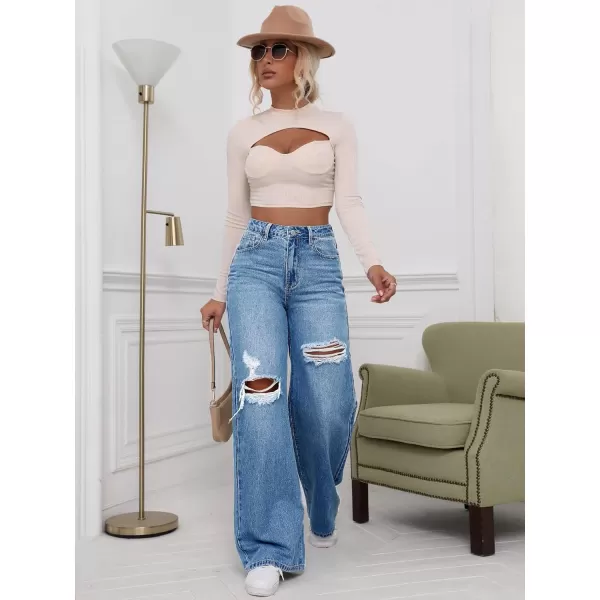 WDIRARA Women's High Waist Ripped Wide Leg Baggy Jeans Distressed Denim Pants