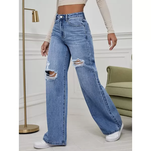 WDIRARA Women's High Waist Ripped Wide Leg Baggy Jeans Distressed Denim Pants