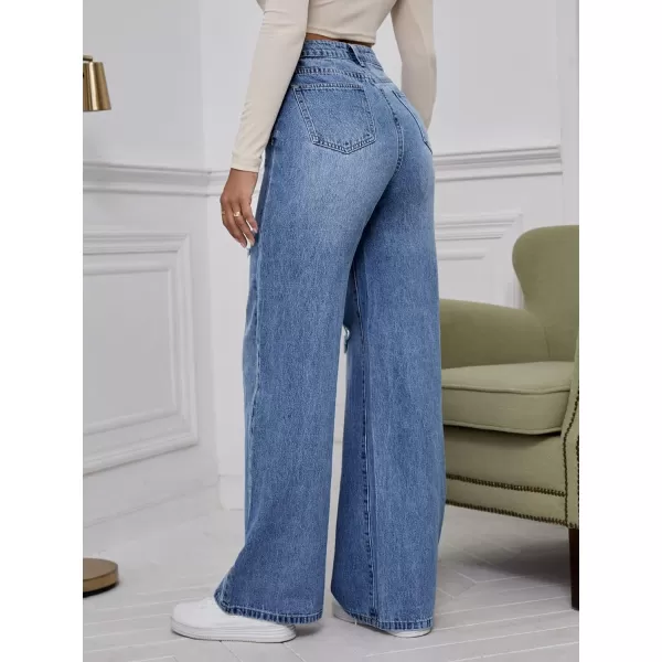 WDIRARA Women's High Waist Ripped Wide Leg Baggy Jeans Distressed Denim Pants