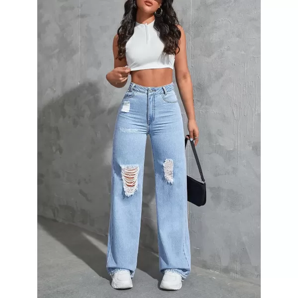 WDIRARA Women's High Waist Ripped Wide Leg Baggy Jeans Distressed Denim Pants