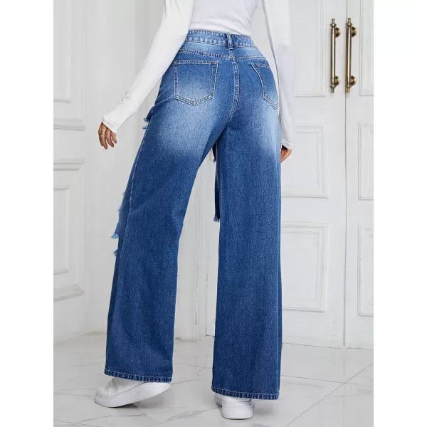 WDIRARA Women's High Waist Ripped Wide Leg Baggy Jeans Distressed Denim Pants