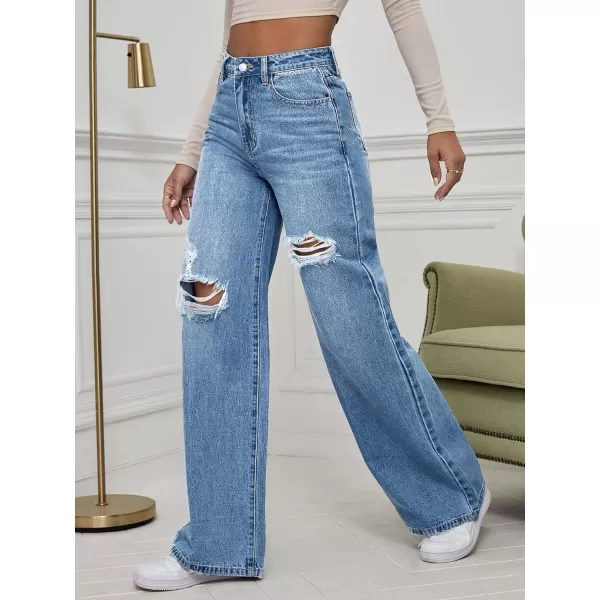 WDIRARA Women's High Waist Ripped Wide Leg Baggy Jeans Distressed Denim Pants