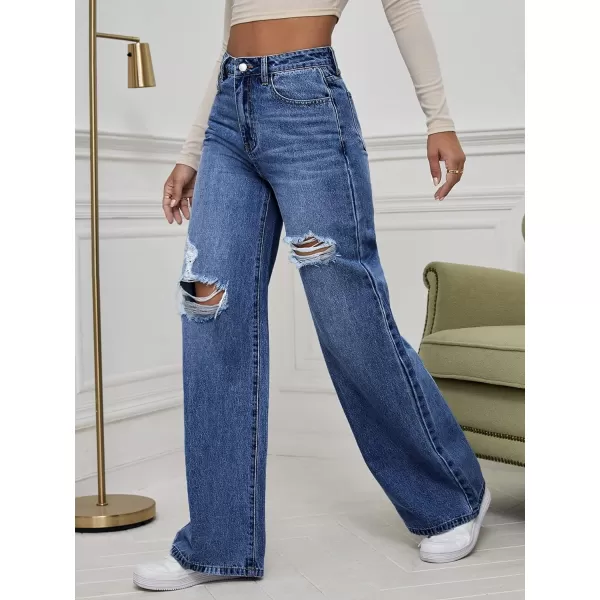 WDIRARA Women's High Waist Ripped Wide Leg Baggy Jeans Distressed Denim Pants