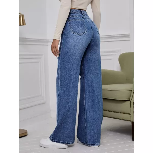 WDIRARA Women's High Waist Ripped Wide Leg Baggy Jeans Distressed Denim Pants