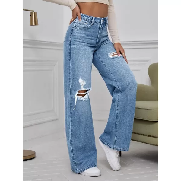 WDIRARA Women's High Waist Ripped Wide Leg Baggy Jeans Distressed Denim Pants