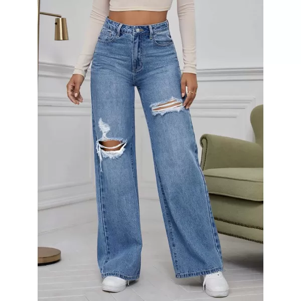 WDIRARA Women's High Waist Ripped Wide Leg Baggy Jeans Distressed Denim Pants