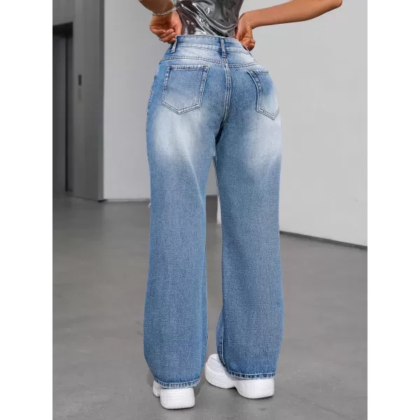 WDIRARA Women's High Waist Ripped Wide Leg Baggy Jeans Distressed Denim Pants