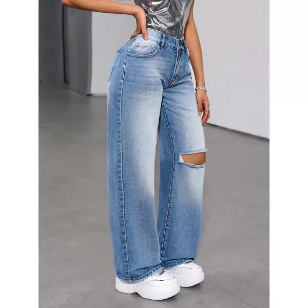 WDIRARA Women's High Waist Ripped Wide Leg Baggy Jeans Distressed Denim Pants