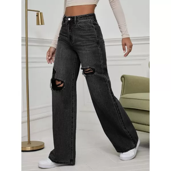 WDIRARA Women's High Waist Ripped Wide Leg Baggy Jeans Distressed Denim Pants